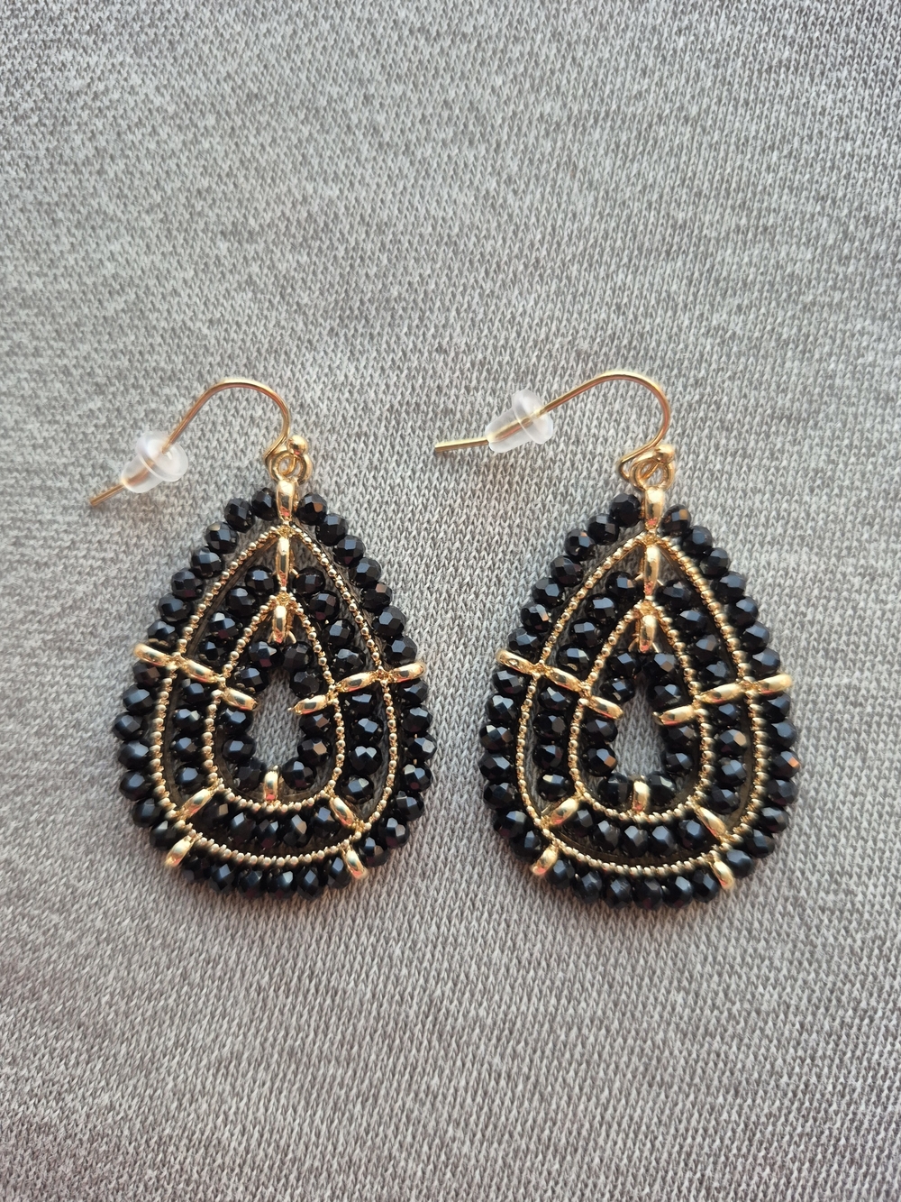 Gold and Black Teardrop Bead Earrings by